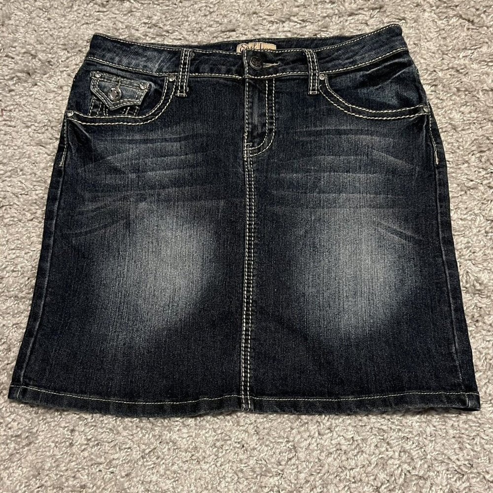 Earl Jean Dark Wash Faded Contrast Stitch Denim Mini Skirt - Womens sz 4